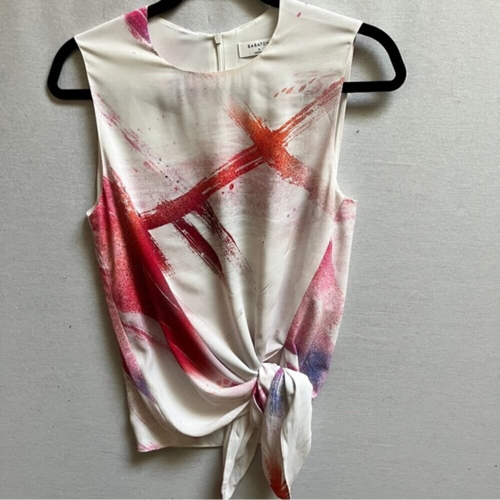 Babaton White Sleeveless Painted Tie-Front Blouse with Red and Pink Accents
